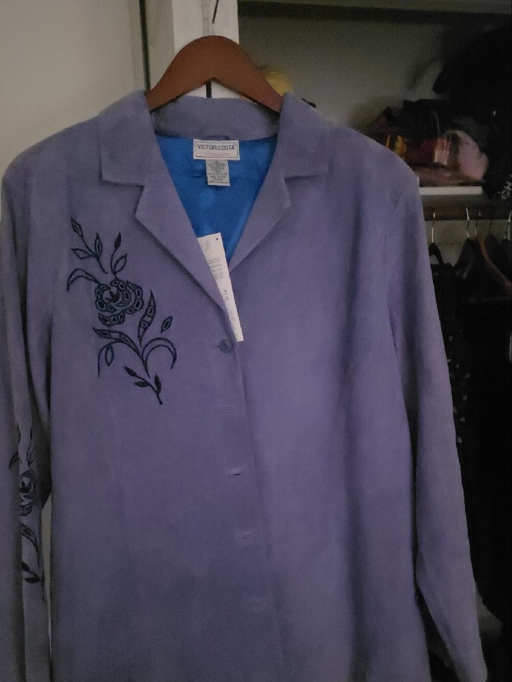 Victor Costa Lavender Suede Jacket with Black Floral Embroidery - Picture 4 of 11